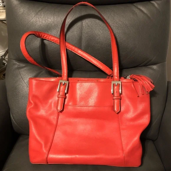 Coral Striped Tote Bag Pocketbook Purse - Picture 3 of 6